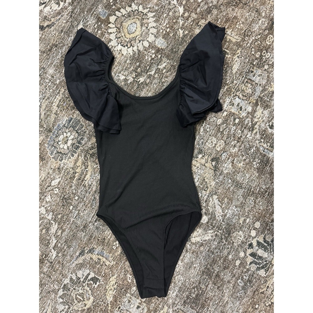 Bucket List Boutique Women's Top Ruffle Sleeves‎ Black Small S Ribbed Bodysuit